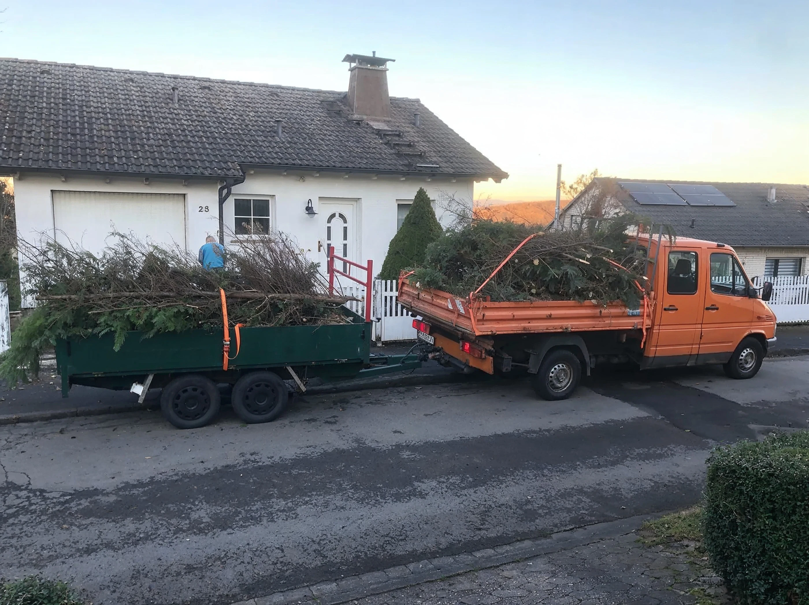 Beladener Transporter mit Grünschnitt im Abendlicht in Kirchhain